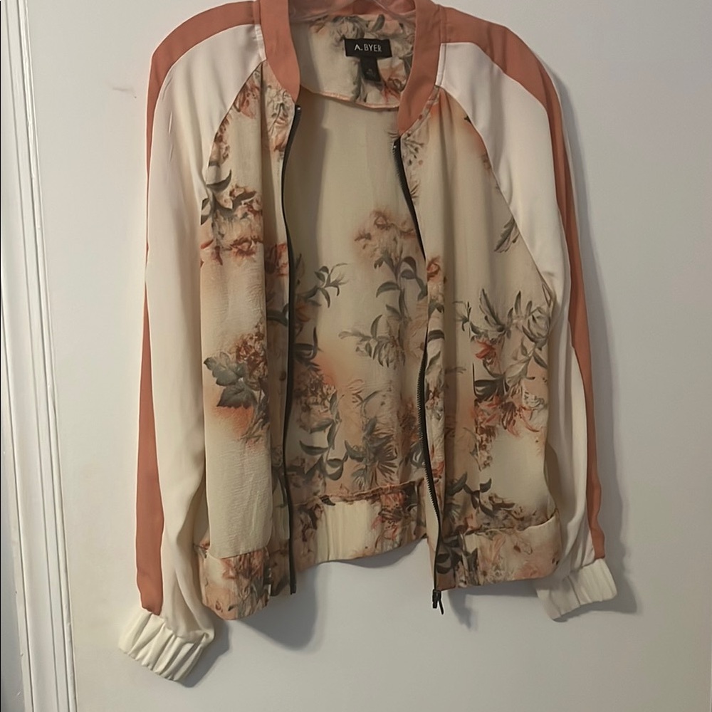 A. Byer Women's Bomber Jacket - Cream and Pink Floral